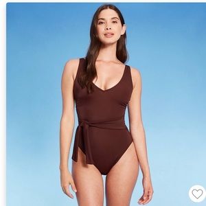 NEW Women's Plunge Tie-Front Wrap One Piece Swimsuit - Shade & Shore™ Brown